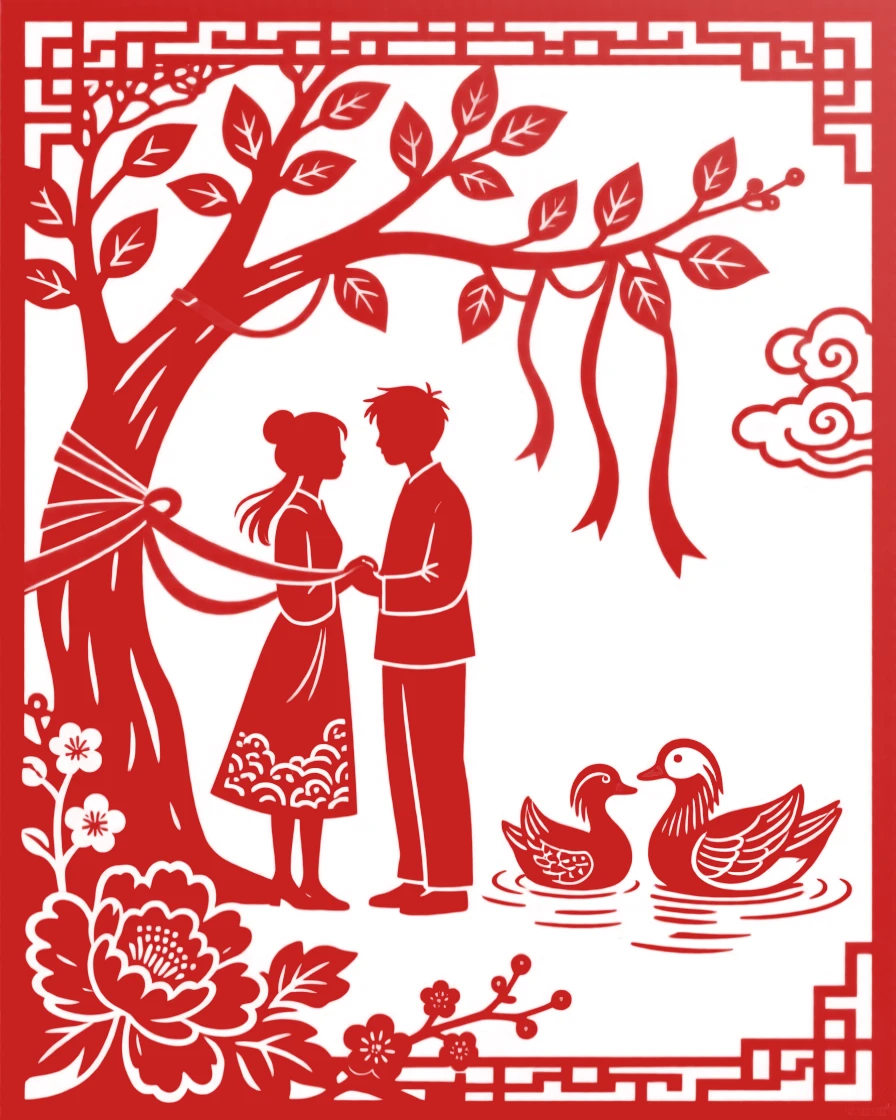 A young couple tying a red ribbon around a wishing tree branch, a pair of mandarin ducks swimming nearby in quiet witness.