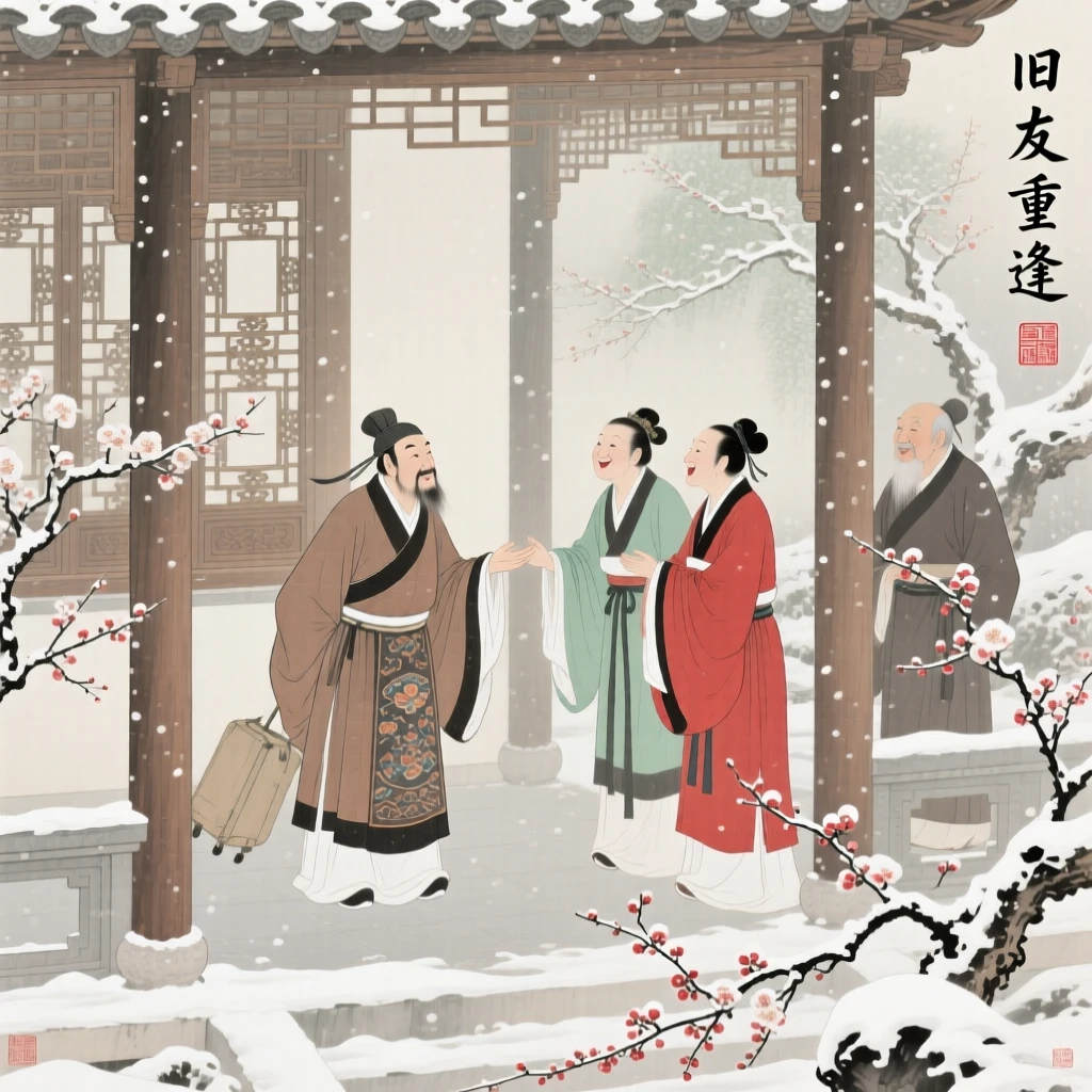 A traveling merchant greeting old friends after years apart in a garden pavilion during a light snowfall