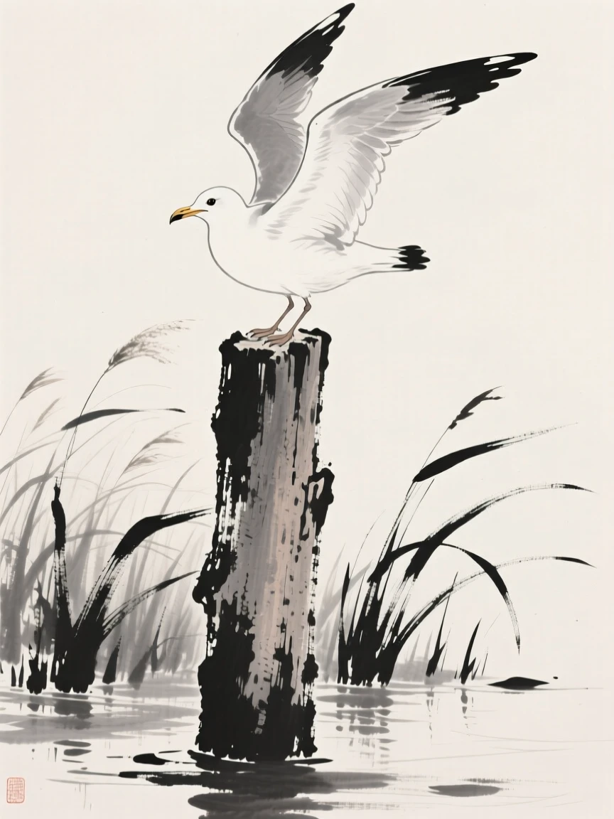 A lone gull resting on a weathered wooden post along the edge of a reed-lined marsh, captured mid-motion with wings outstretched, suggesting renewal and the gentle passage of seasons.
