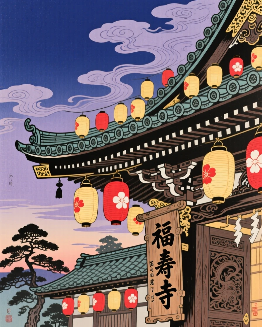 An ornate temple rooftop bustling with lantern light at dusk.