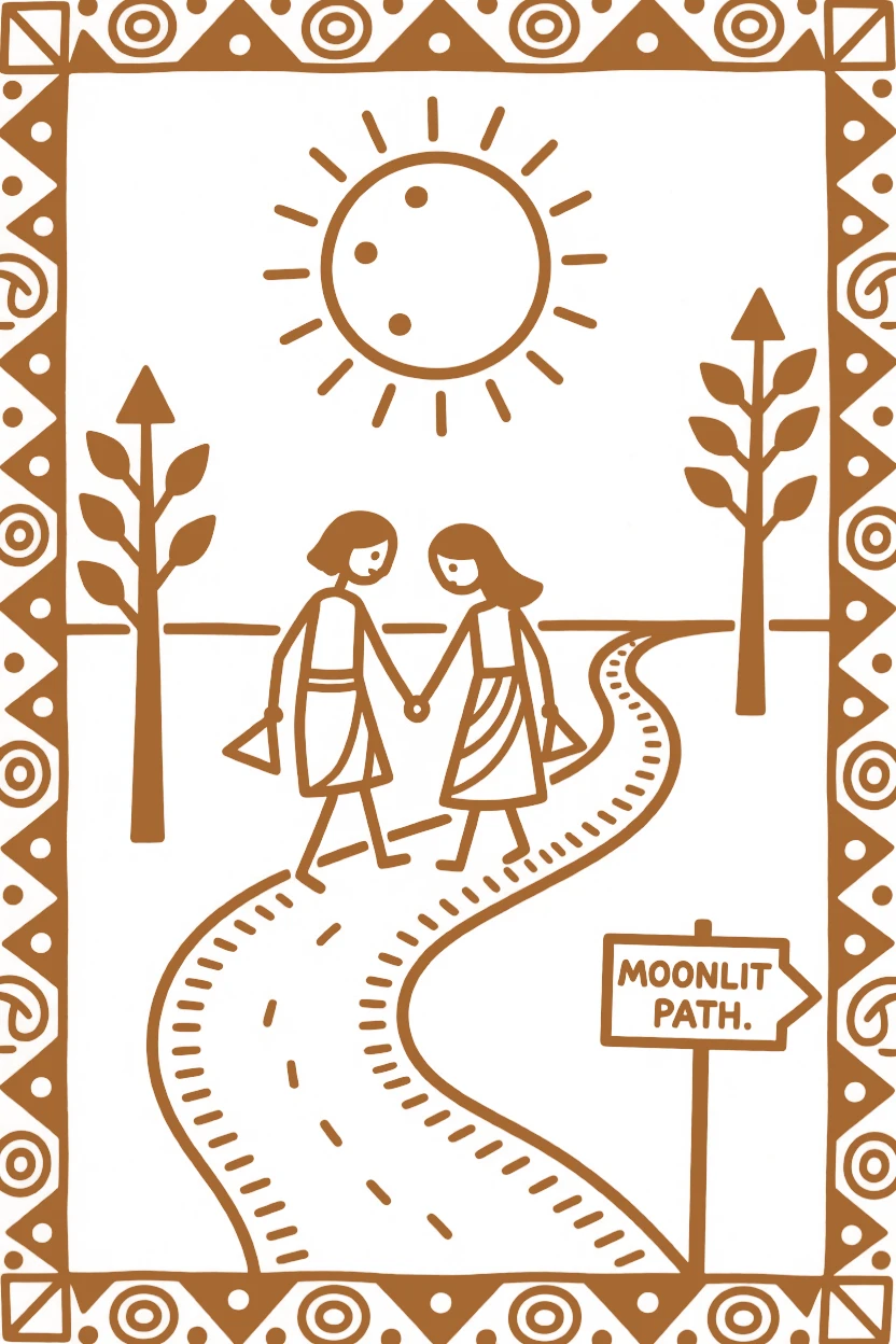 A shy pair of lovers walking together along a moonlit path.