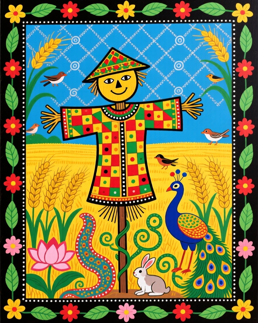 A scarecrow standing watch over a golden field at harvest time.