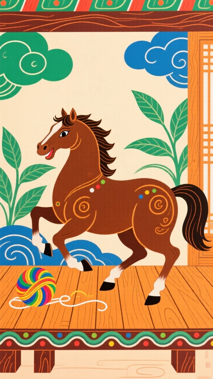 A spirited brown horse playing with a ball of yarn on a wooden porch.