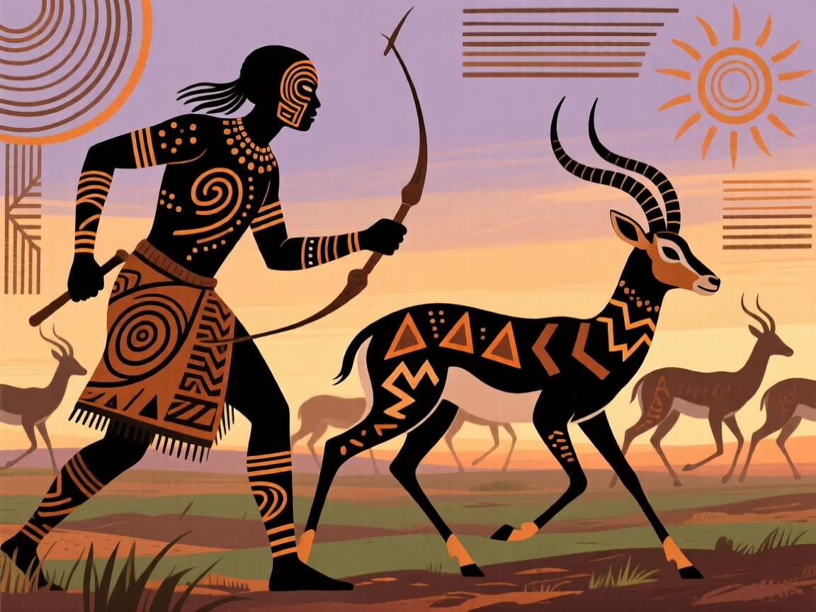 A hunter stalking a herd of antelope at dawn.