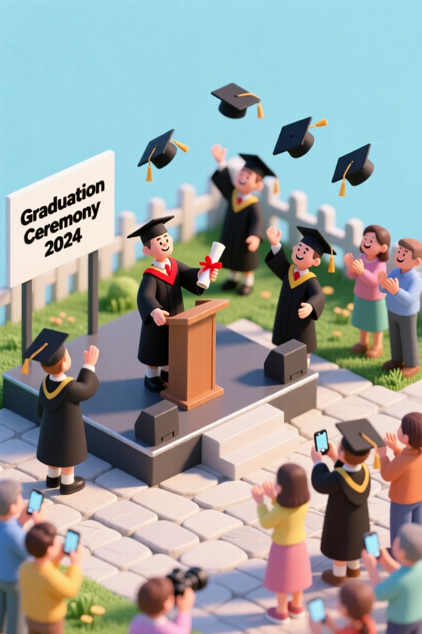 A graduation ceremony scene with caps tossed into the air, families cheering, and diplomas rolled with ribbon in hand.