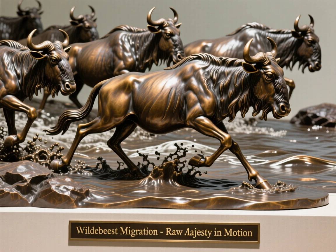 A herd of wildebeest crossing a river in dramatic migration, in a moment of raw, untamed beauty, evoking wonder and majesty