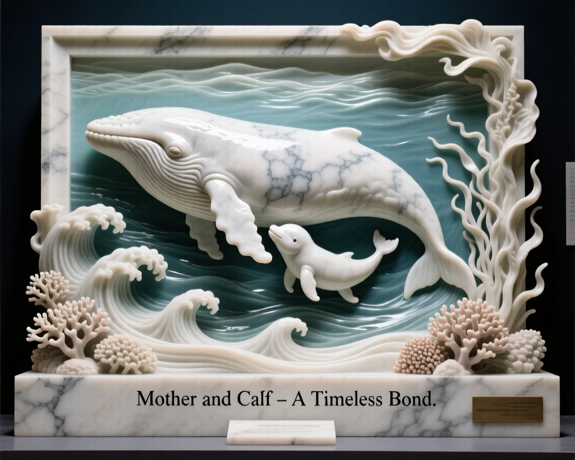 A vivid, emotionally rich scene of a mother whale swimming beside her calf, framed by dramatic natural scenery, designed to captivate and inspire