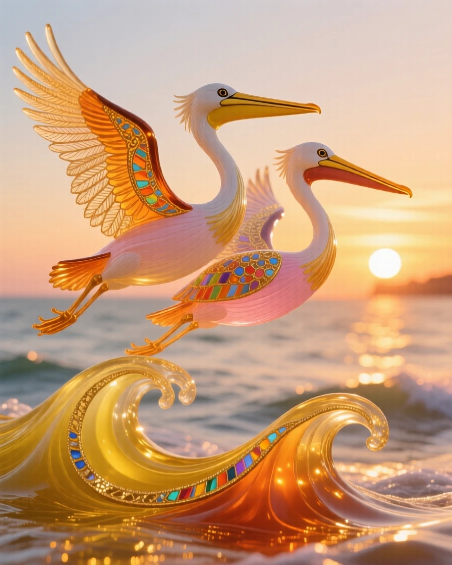 A pair of pelicans gliding together above golden ocean waves at sunset, graceful and serene.