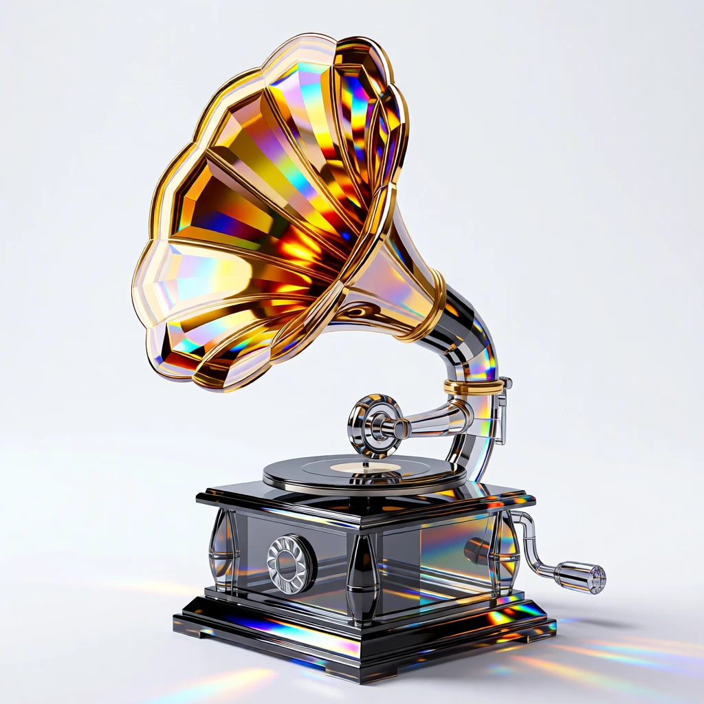 A vintage gramophone with an ornate brass horn in a dimly lit study.