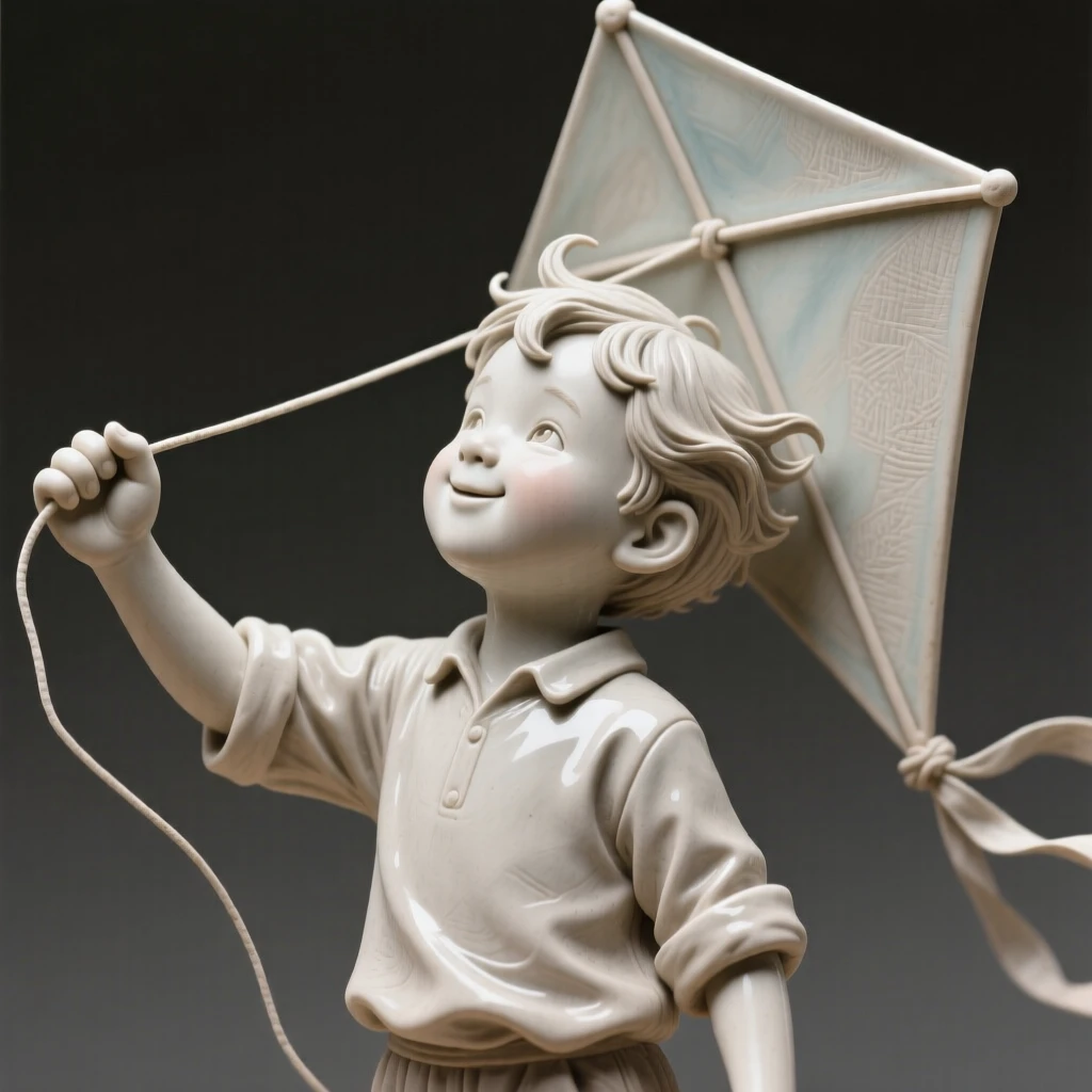A little boy flying a kite with pure delight standing proudly with chin lifted high, framed by strands of loose, wind-blown hair, conveying quiet dignity and timeless beauty.