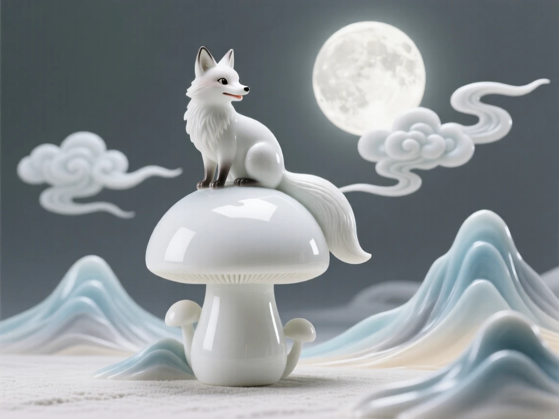 A whimsical scene of a talking fox perched on a mushroom beneath a glowing moon in a cloud kingdom above the mountains.