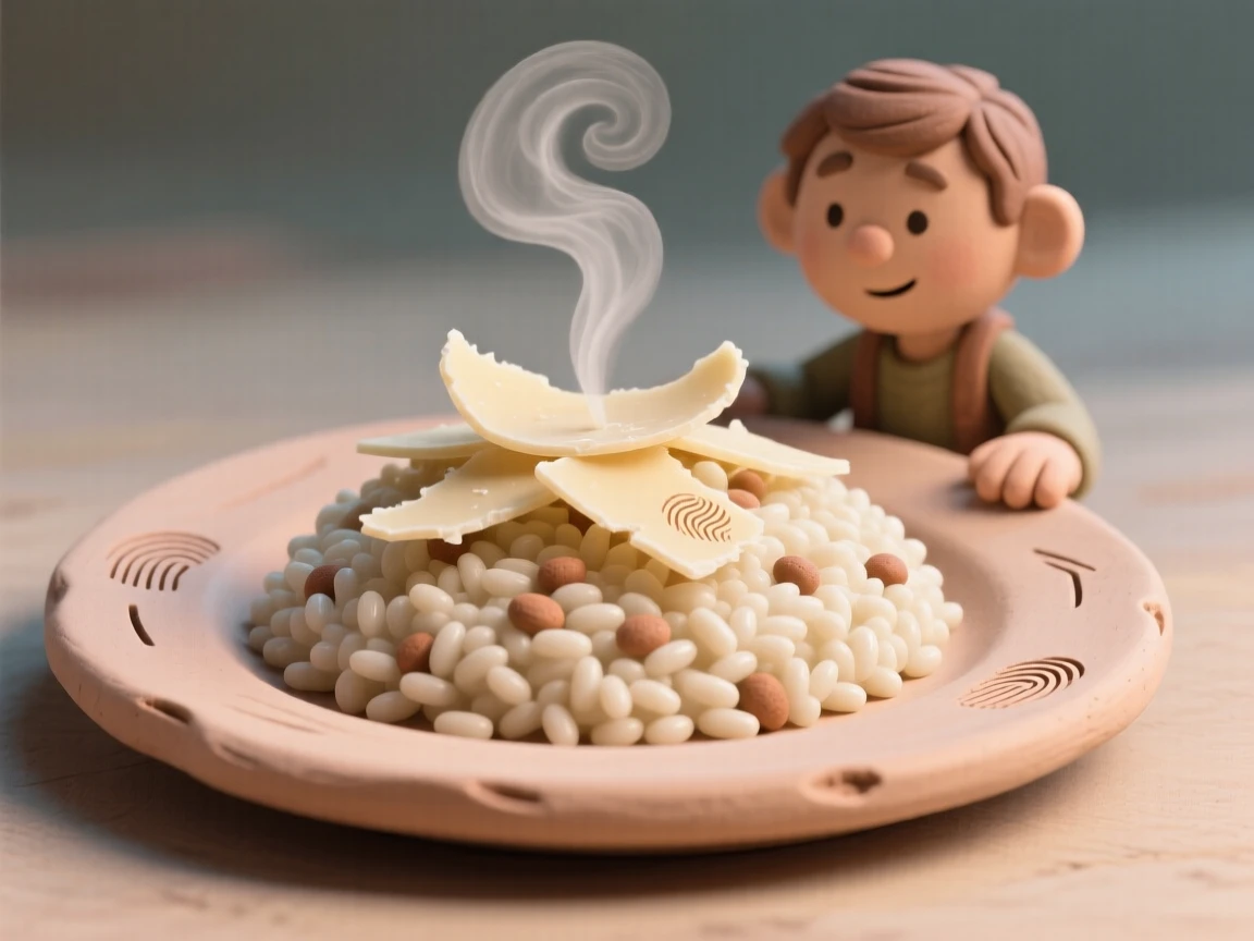 A steaming plate of risotto garnished with fresh parmesan shavings