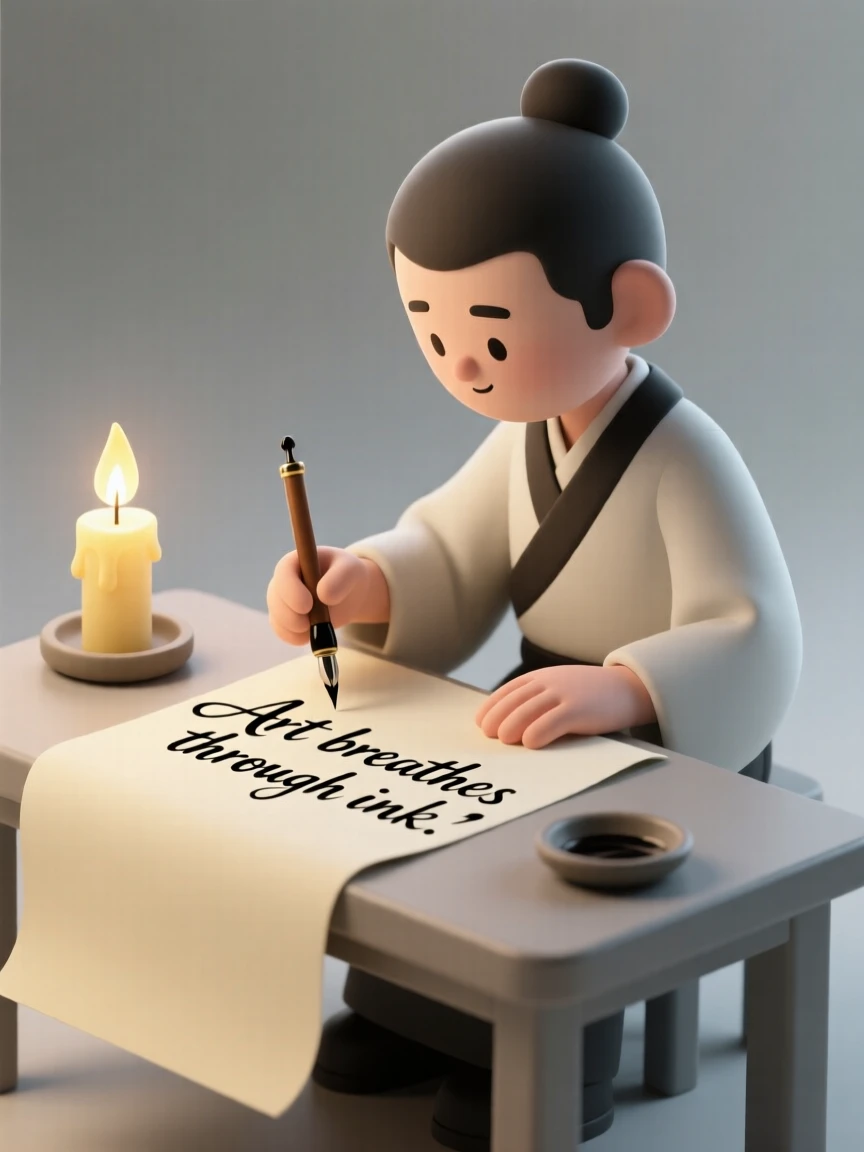 A focused calligrapher inks elegant looping letters onto thick cream paper at a candlelit desk.