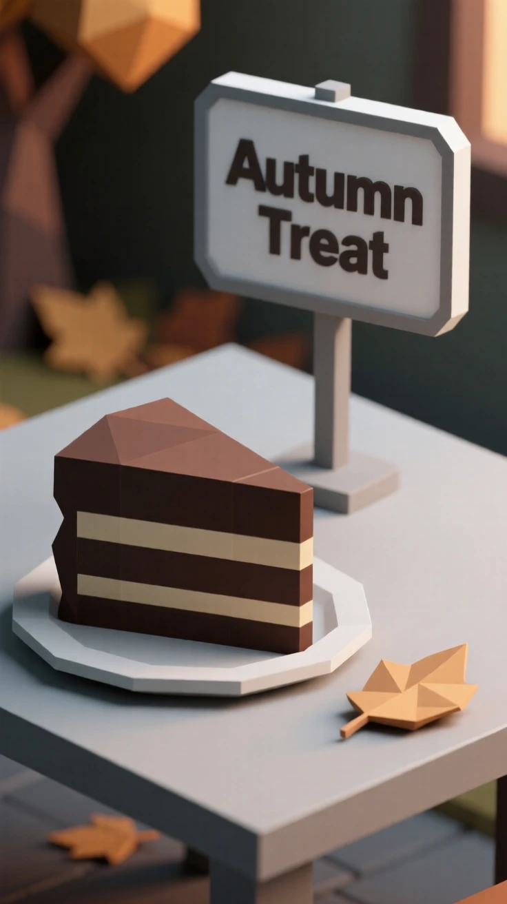 A slice of rich chocolate layer cake, on a warm autumn evening table setting. a shallow depth of field keeps focus on the food. A cozy, relaxed feeling fills the scene.