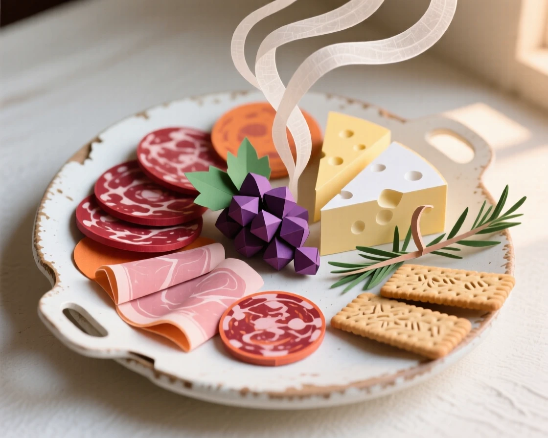 A rustic charcuterie spread presented on a rustic ceramic plate, with steam rising gently into soft light, capturing the artistry of fine cuisine.