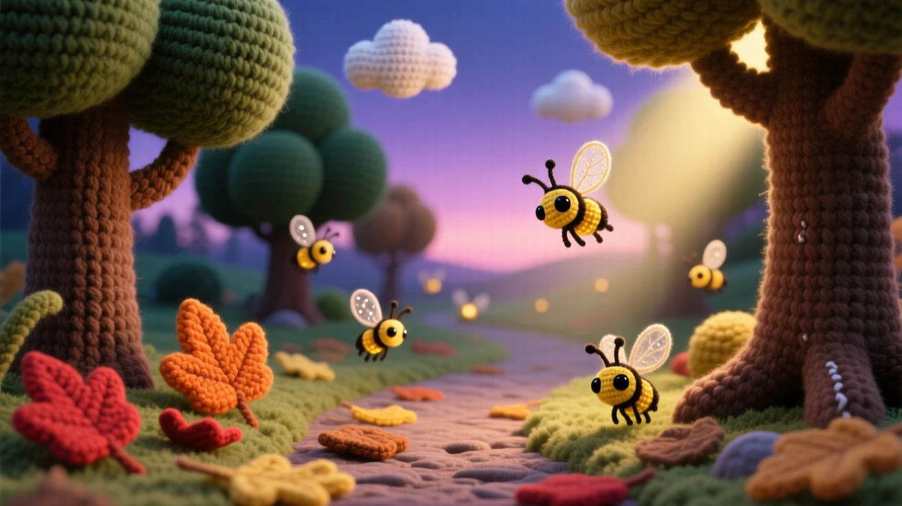 A tranquil view of a quiet forest path lit by fireflies, carpeted in soft fallen leaves, winding gently through the evening dusk, beneath a sky scattered with soft clouds, with a soft beam of light breaking through the trees, evoking a serene, storybook tranquility.