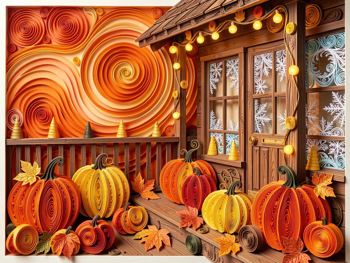 A festive holiday scene of a Halloween pumpkin patch under an orange sunset on a cozy porch decorated with autumn gourds, with delicate frost patterns on nearby surfaces, arranged with warm twinkling lights scattered throughout.