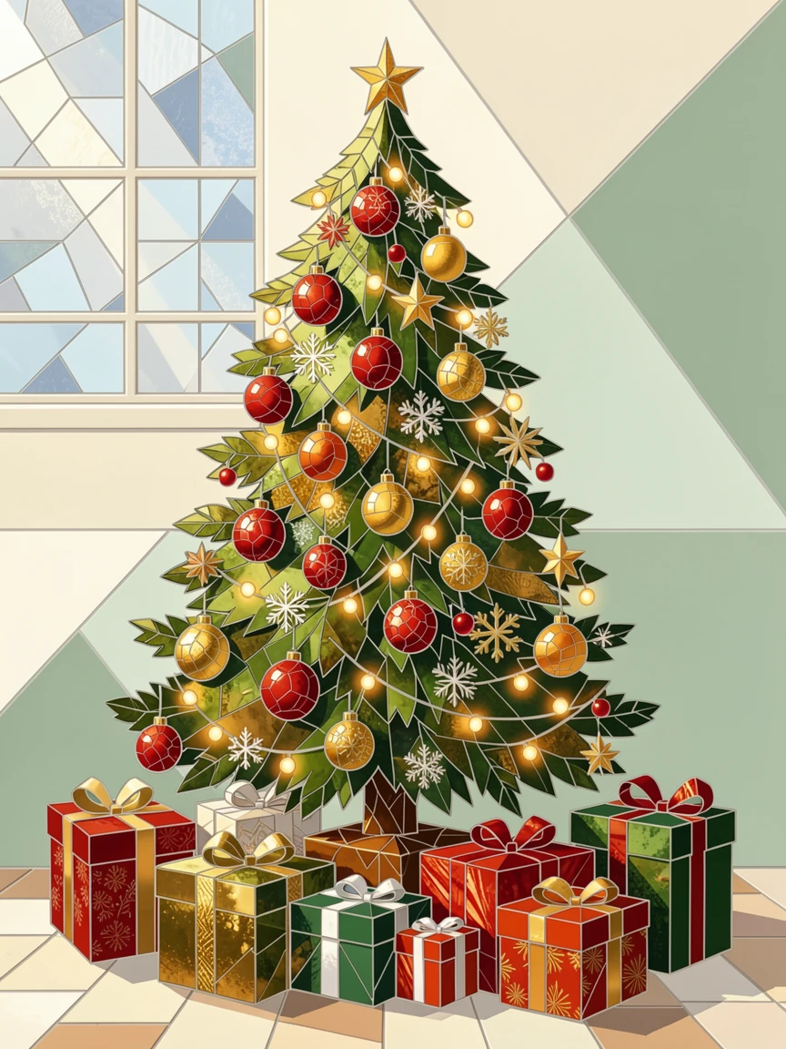 A christmas morning scene with a beautifully decorated tree and gifts, filled with warm light, motion, and joyful energy.