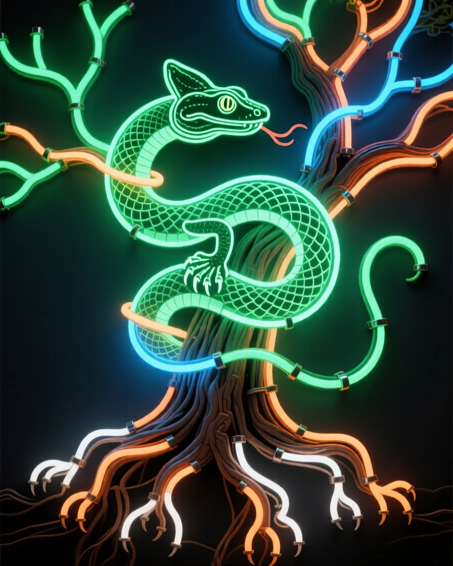 A basilisk coiled among the roots of an ancient tree.