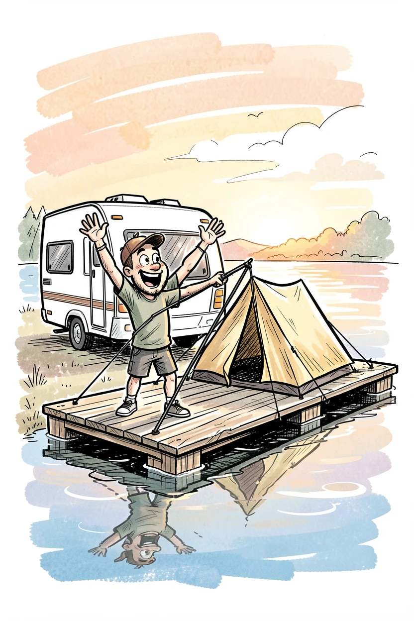 A camper setting up a tent beside a lake on a floating dock at sunset.