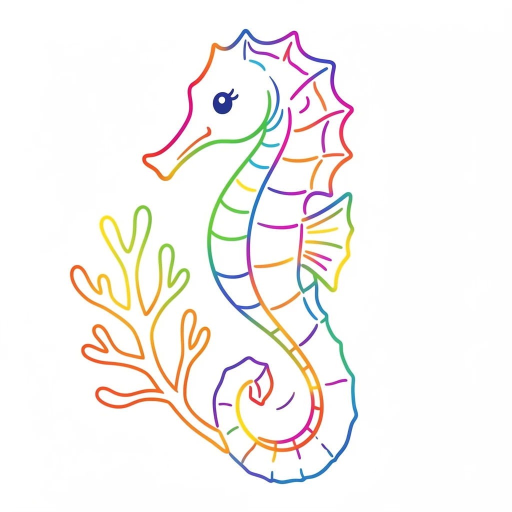 A close-up of a seahorse curling its tail around a strand of coral.