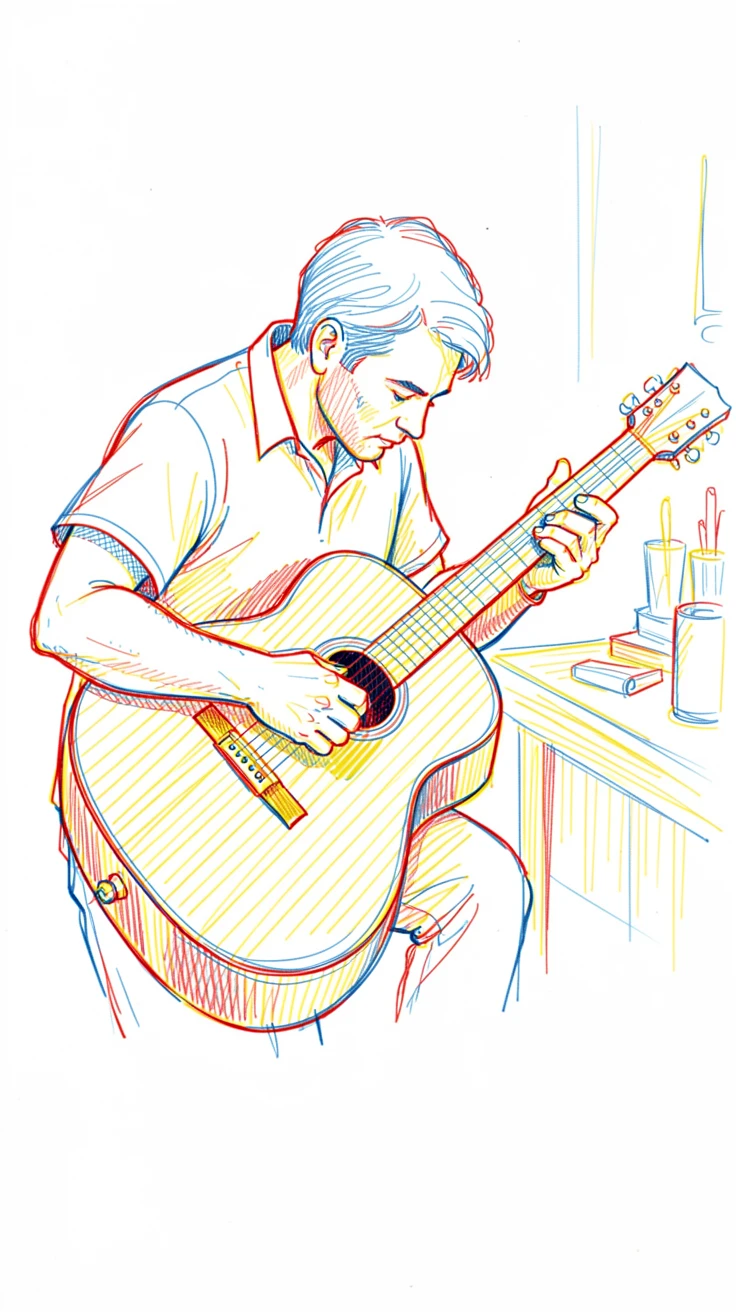 A woodworker sanding the curves of a handmade acoustic guitar