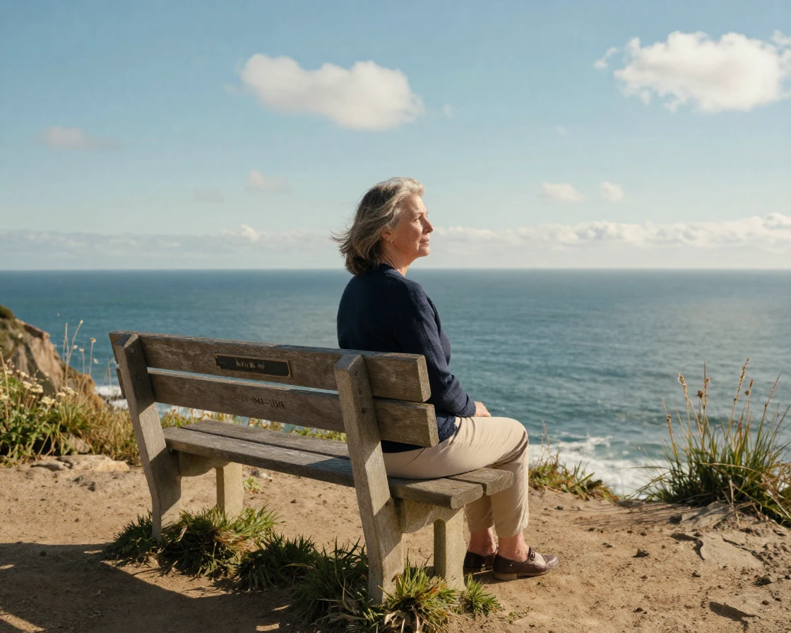 A widow visiting a memorial bench overlooking the ocean