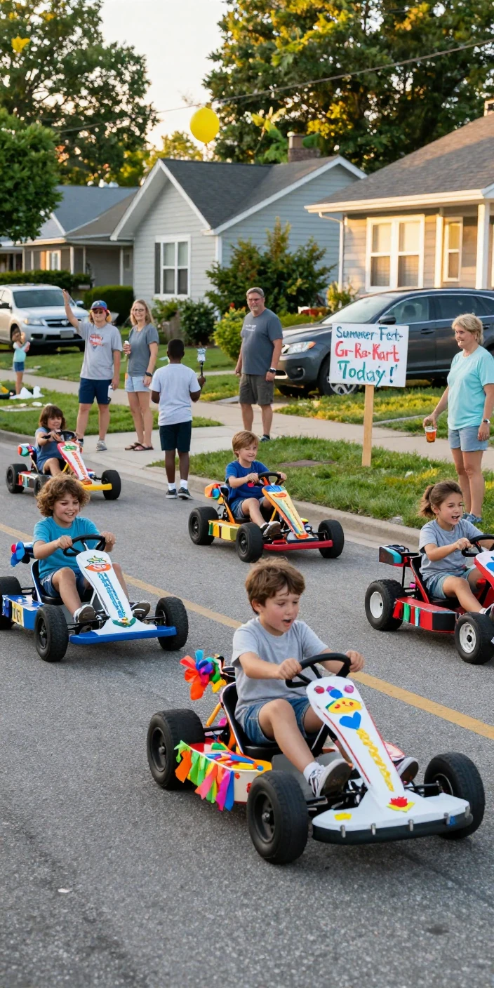 Children race decorated go-karts down a closed neighborhood street for a summer festival.