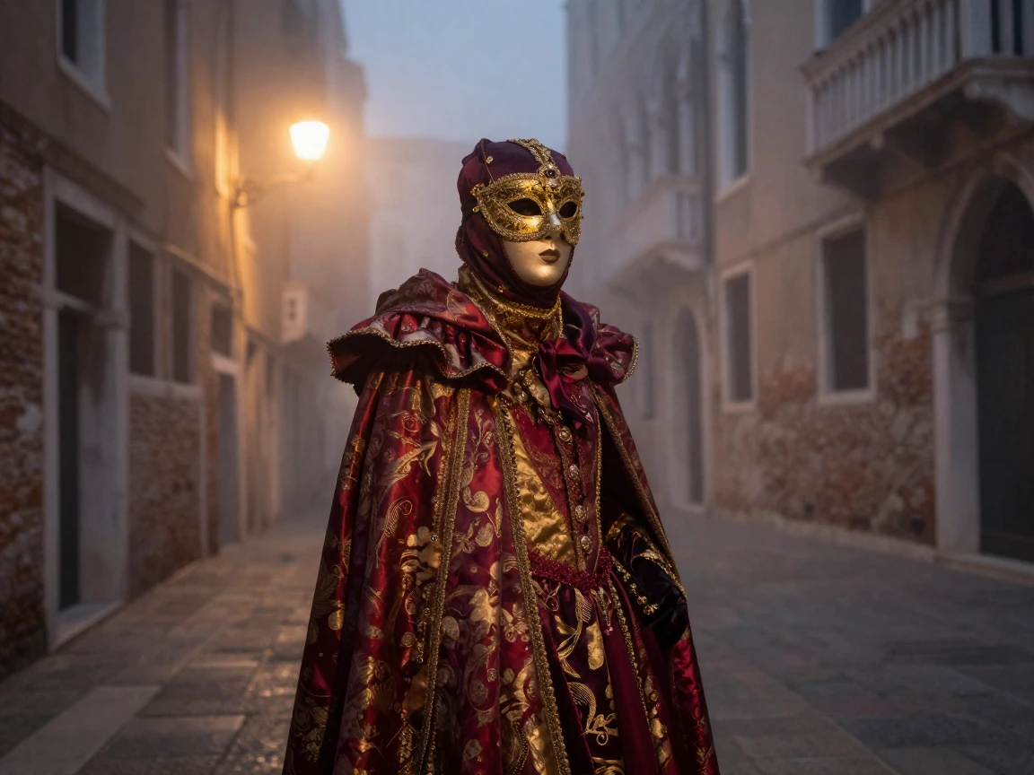 A Venetian carnival reveler in an ornate mask and cape wandering a foggy street