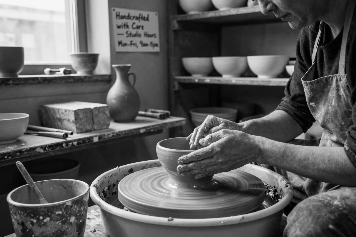 A ceramicist shapes a bowl on a spinning wheel in a small pottery studio.