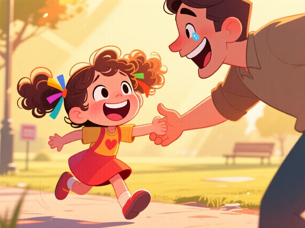 A heartwarming moment depicting a beaming little girl reuniting after years apart, as warm light glows softly around them.