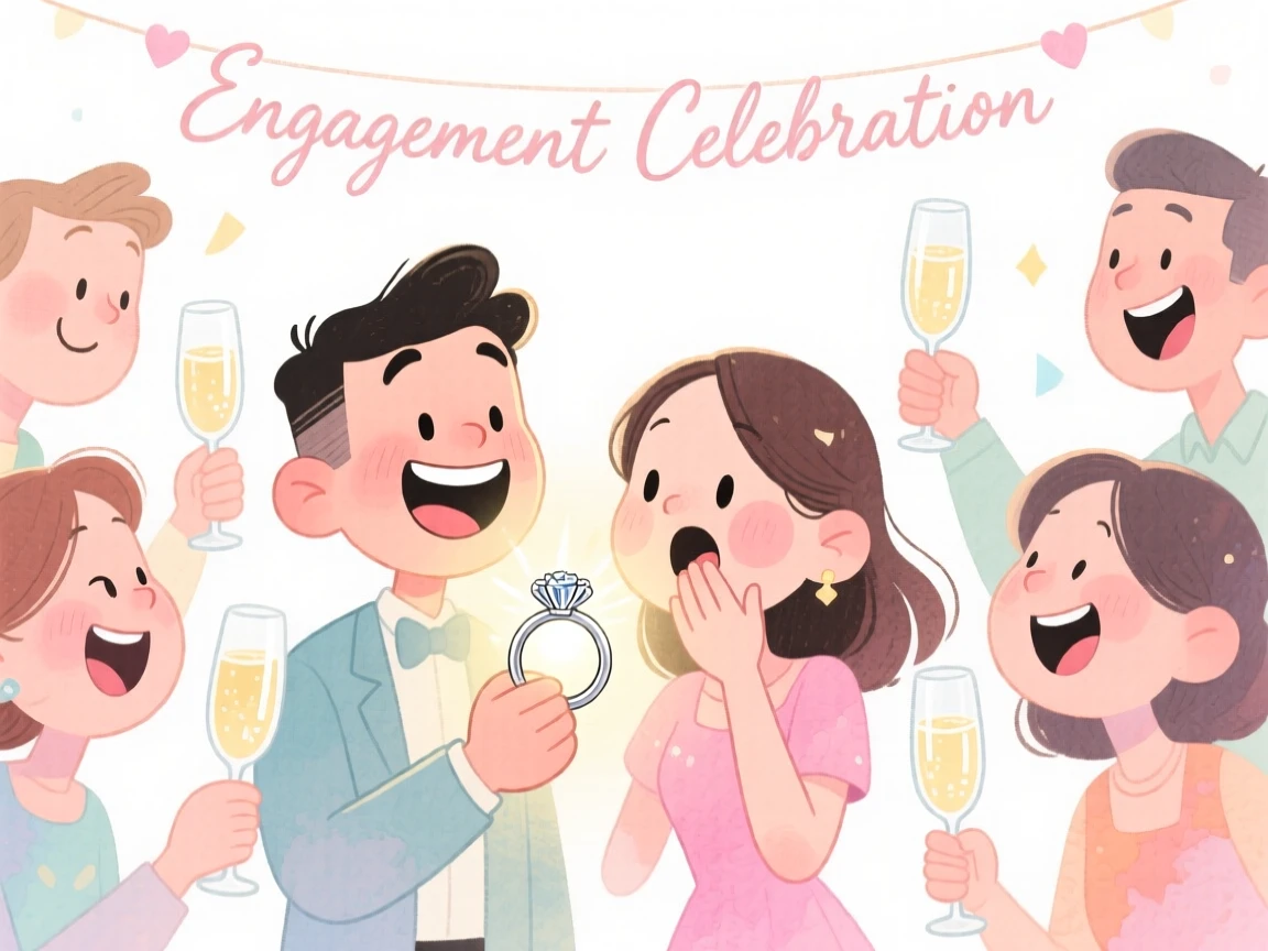 A joyful celebration scene of an engagement celebration with a sparkling ring and champagne, glowing with soft festive light