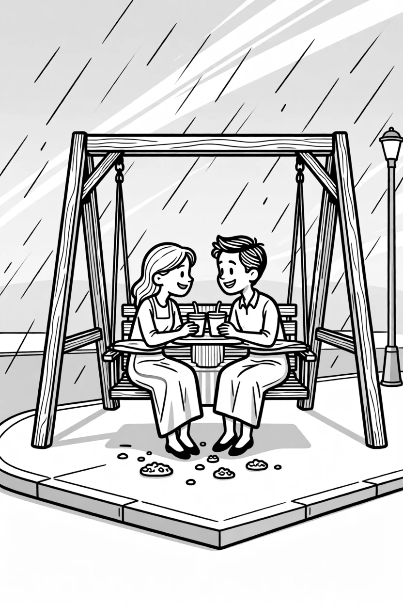 A pair leaning together on a porch swing at sunset, leaning in from opposite ends of the same striped straw, set on a street corner during a sudden storm. Cake crumbs are scattered across the tablecloth. There's a tender sweetness beneath all the silliness.