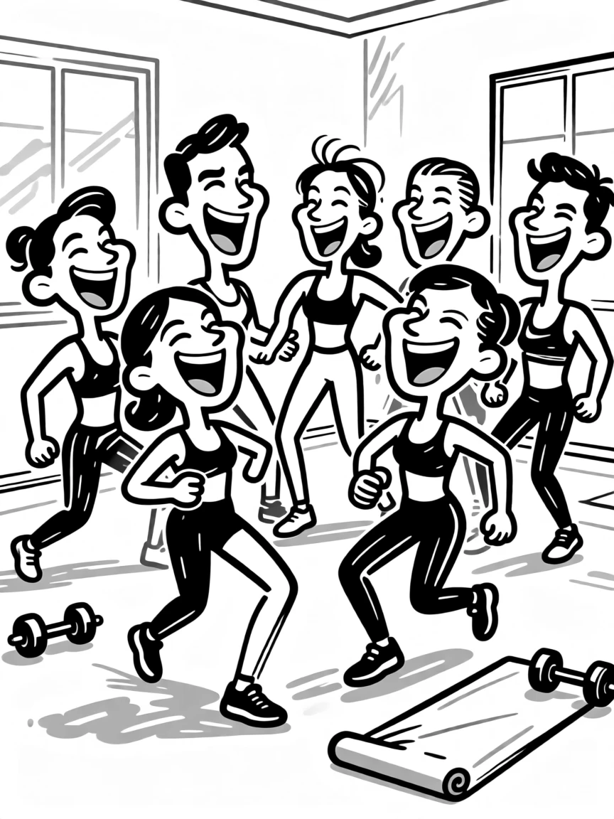 A group fitness class laughing together mid-workout in a bright studio.