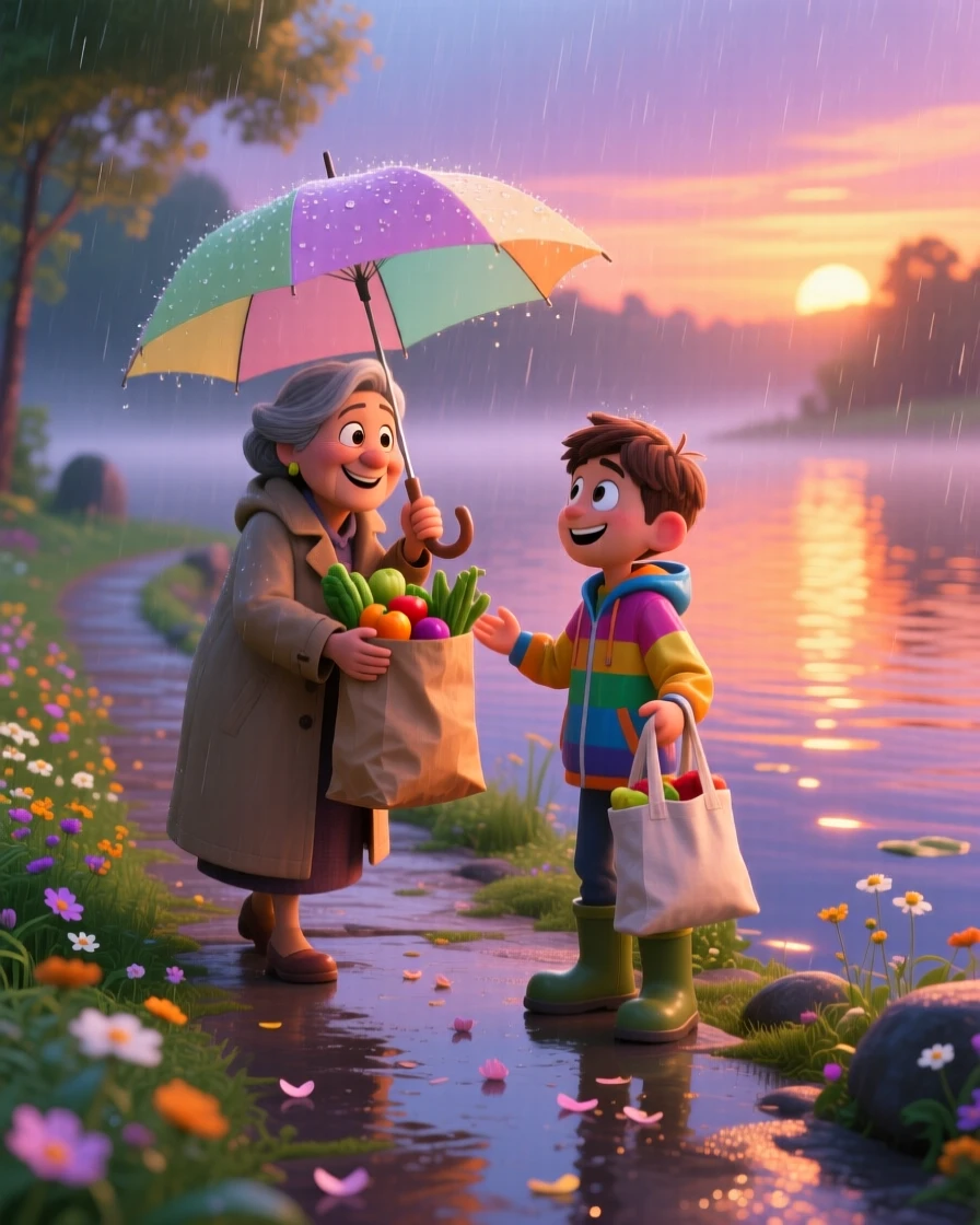 Strangers helping each other carry groceries in the rain unfolds beside a calm lake at sunset, with flower petals scattered on the breeze. Pure joy and warmth radiate from the scene.