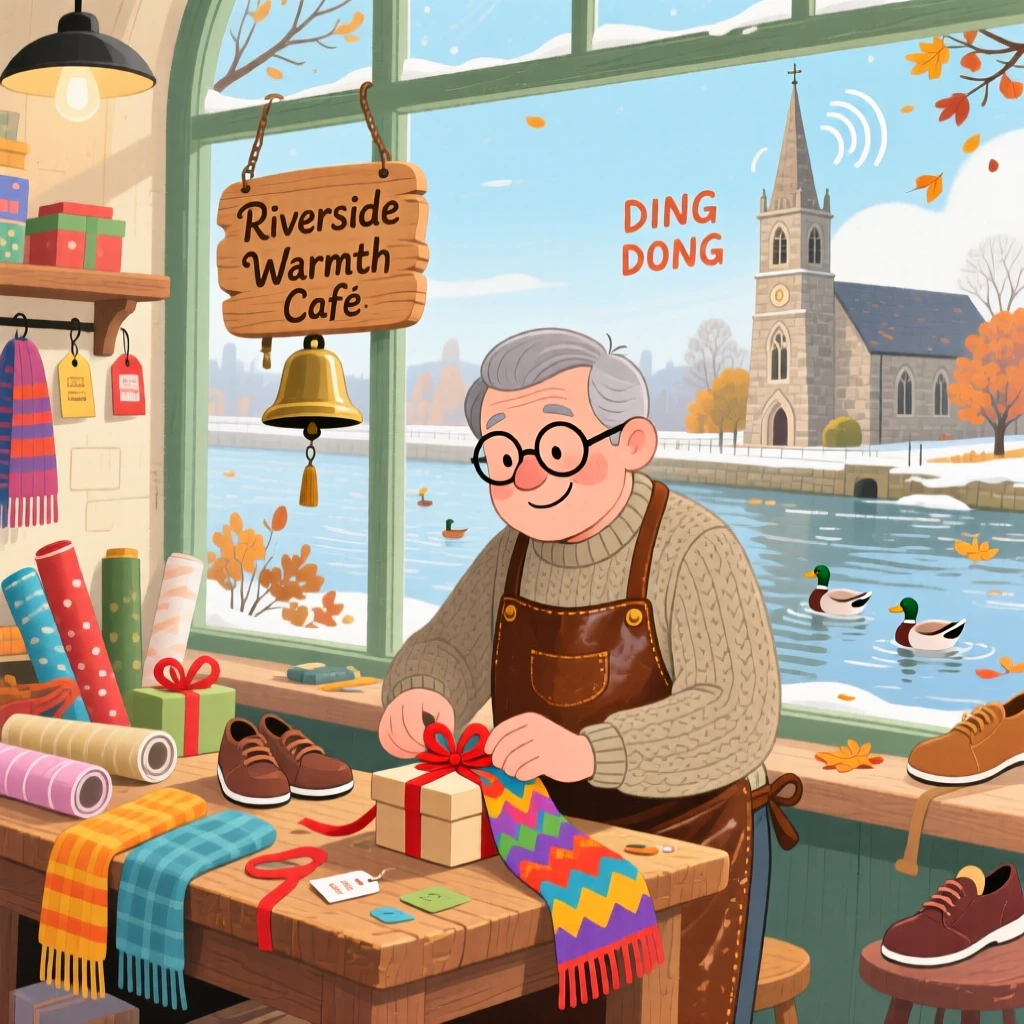 A shoemaker at his workbench spends the morning wrapping scarves for winter customers in a riverside café, as the church bell rings in the distance.