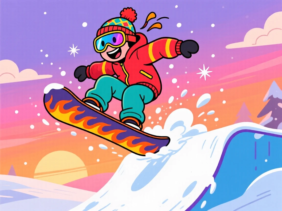 A snowboarder catching air off a snowy jump at sunset.