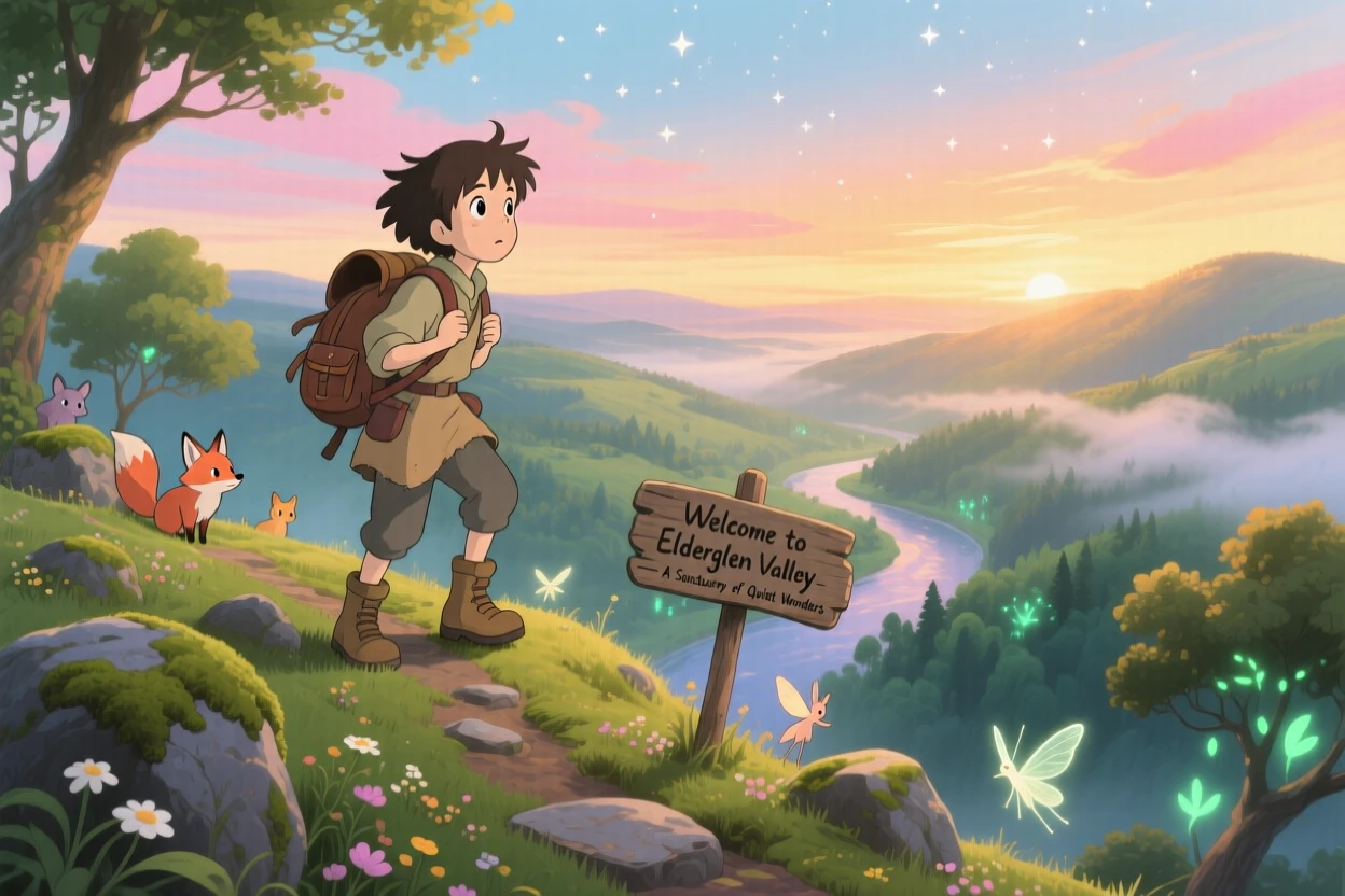 A hiker cresting a ridge to reveal a hidden valley below, the moment quietly triumphant.