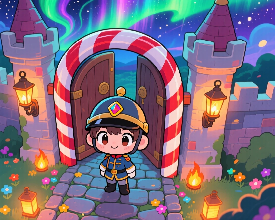 In a whimsical castle entrance, a young guard is standing proudly at a candy-cane striped gate beneath swirling aurora-lit skies, bathed in cozy firelight, expression full of brave confidence. Shot as a bird's-eye view.