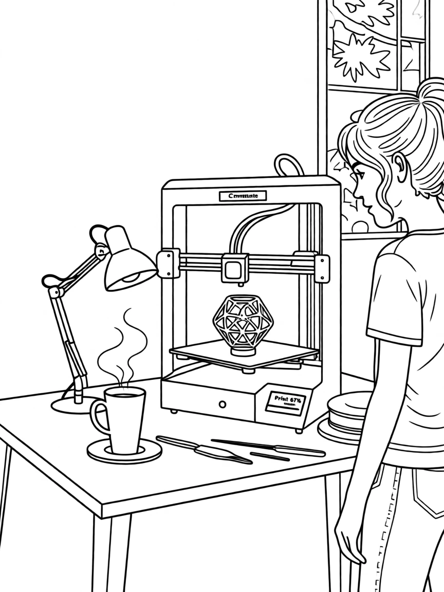 A 3D printer mid-print of an intricate model, with a cup of coffee steaming nearby.
