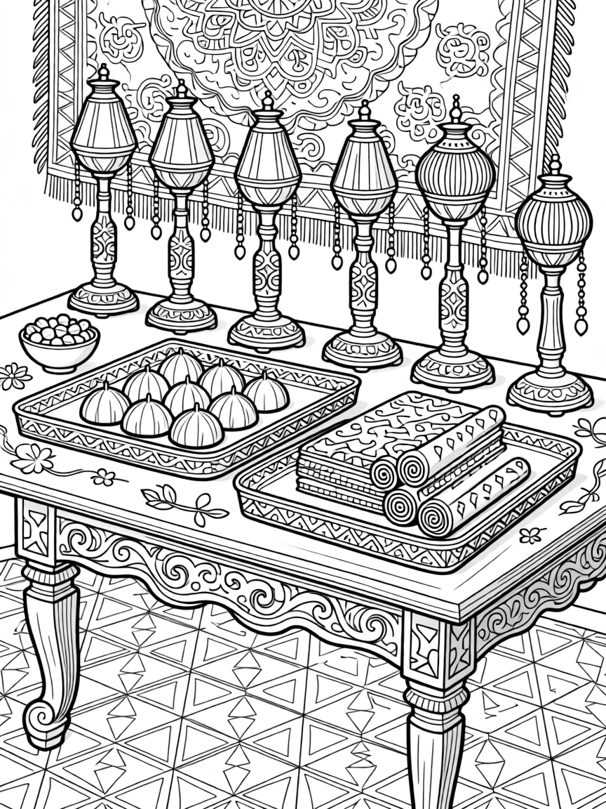 A festival sweets table scene with trays of traditional treats and lamps.