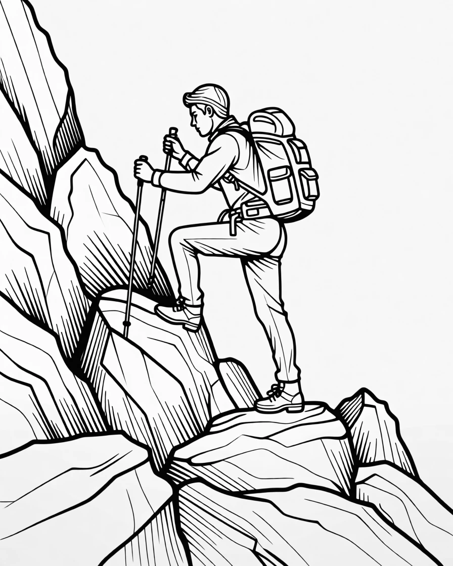 A hiker scaling a rocky mountain trail with trekking poles