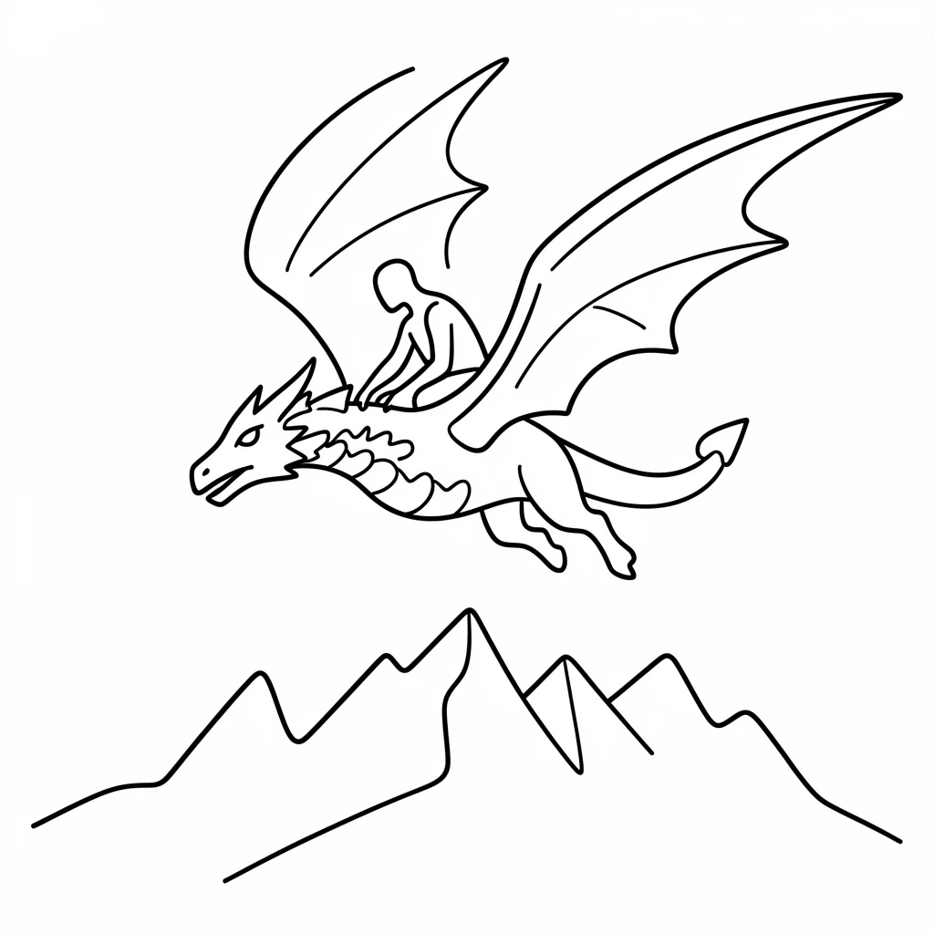 A dragon rider soaring above a mountain range on a scaled beast