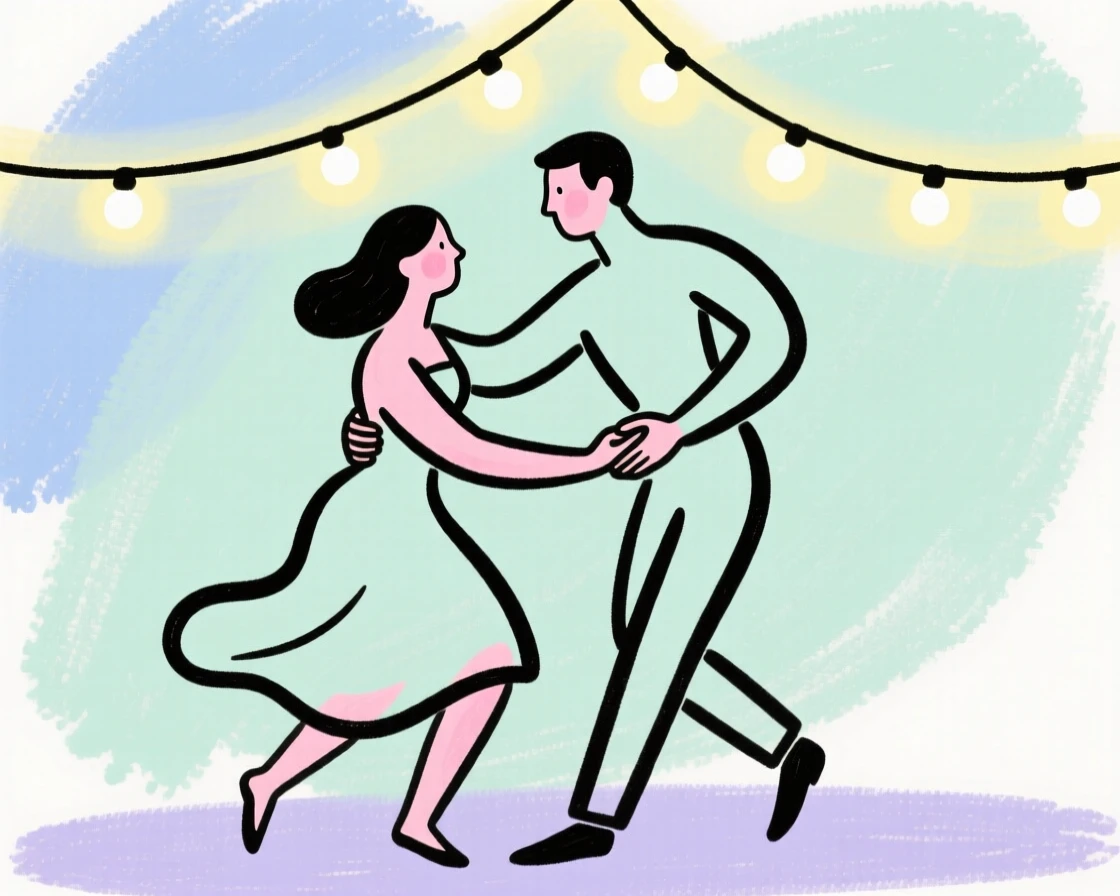 A couple dancing under string lights