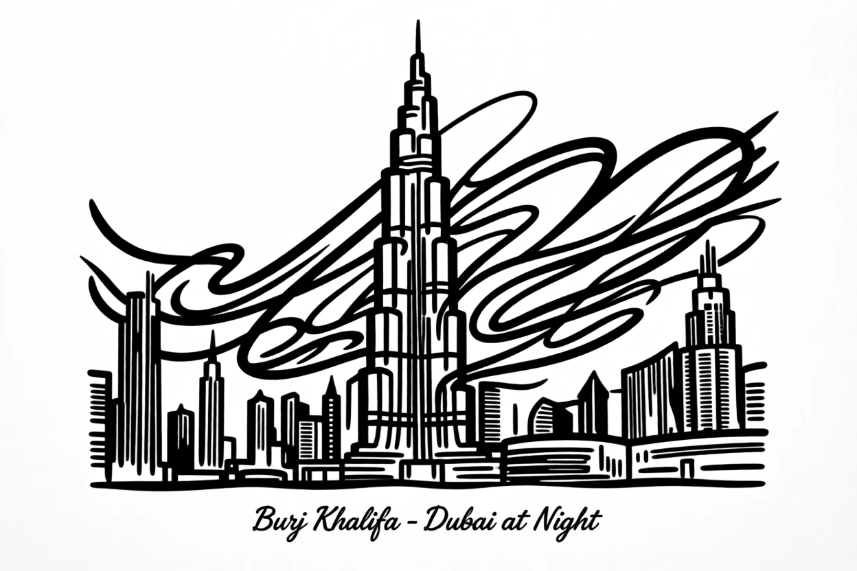The Burj Khalifa towering above the Dubai skyline at night.