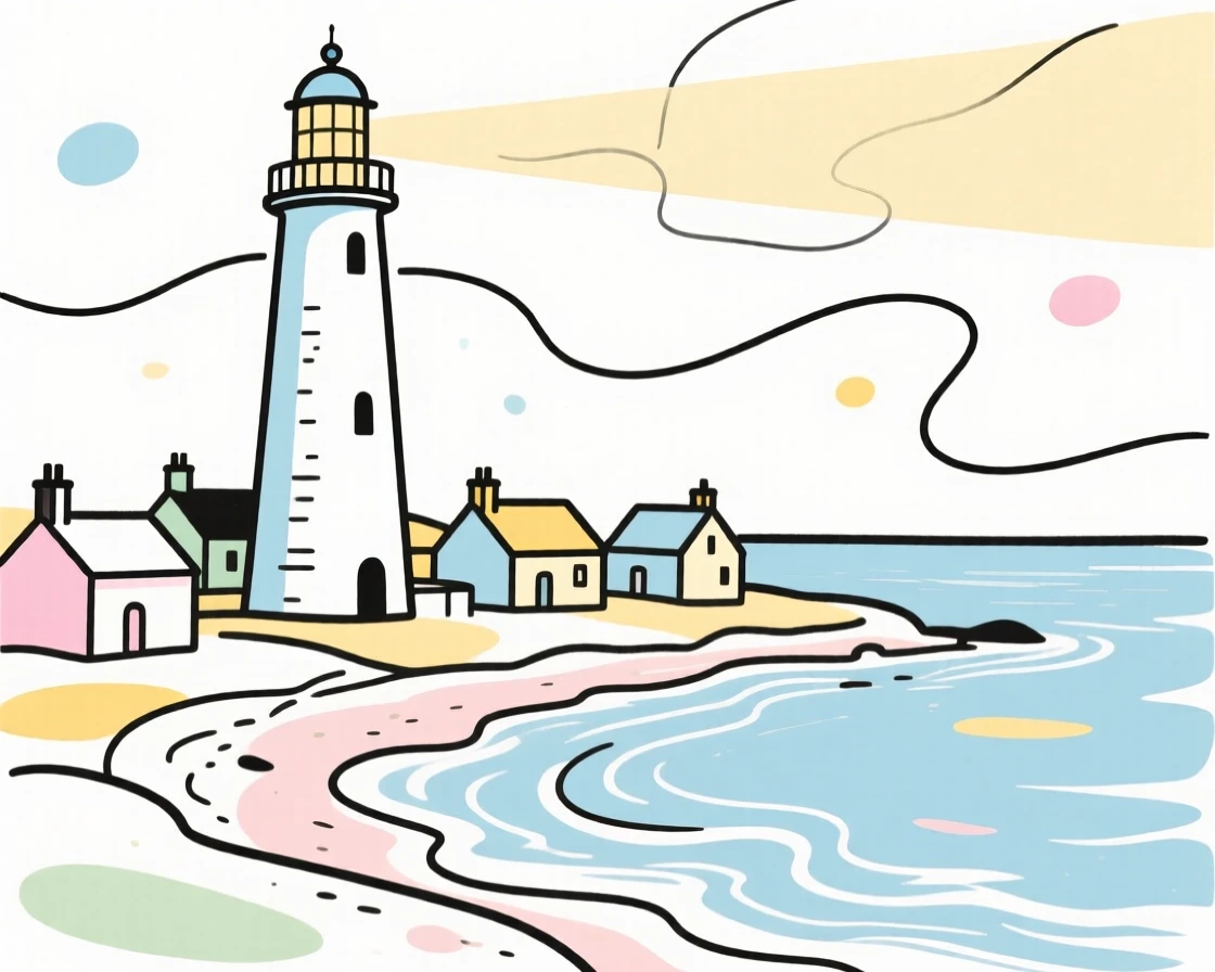 A traditional lighthouse village with colorful cottages along the shore.