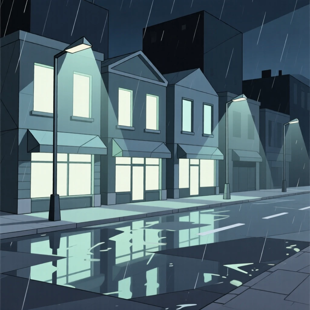 A rainy city street reflecting glowing shop windows
