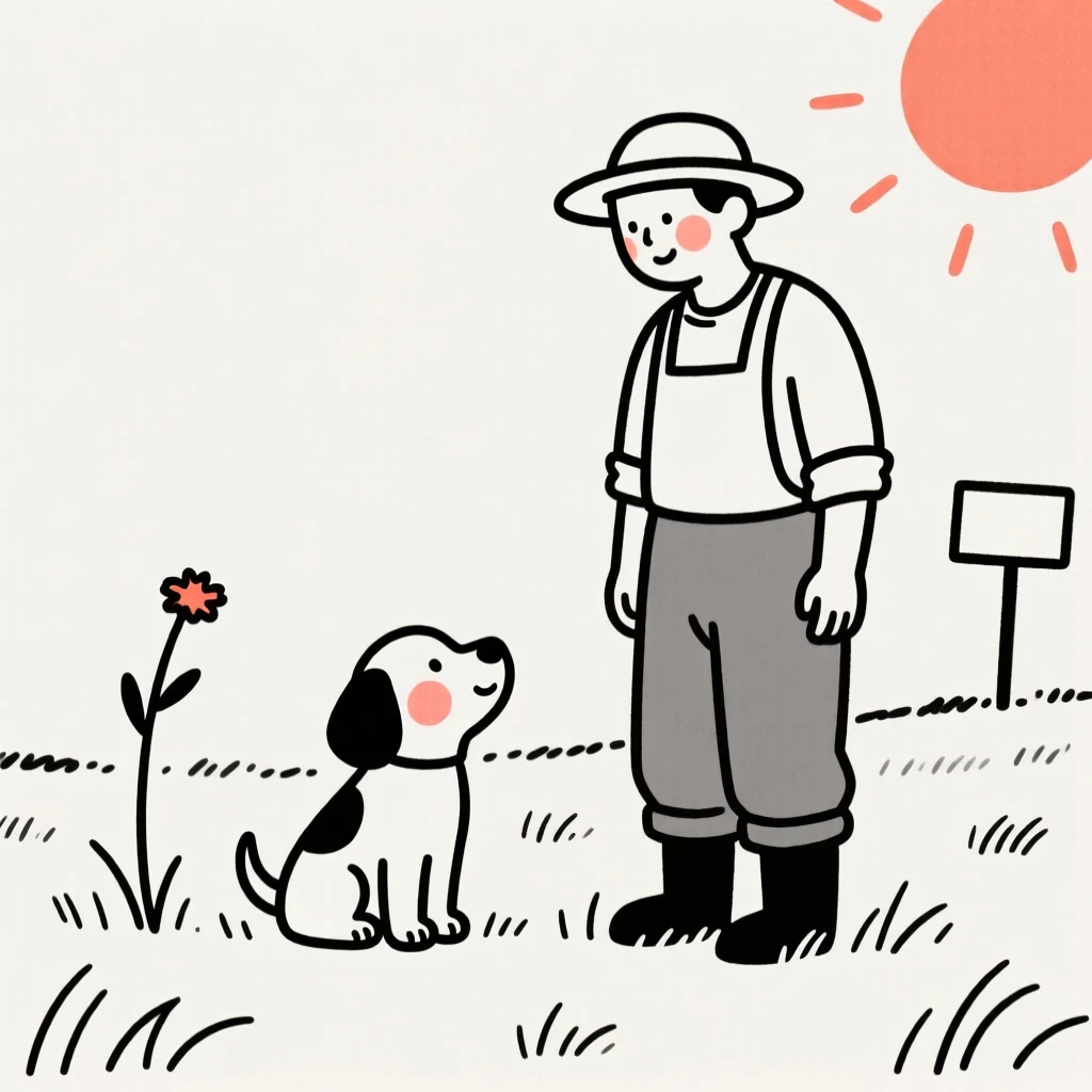 A farmer with a curious puppy, looking serene and at peace, in a sunlit meadow.