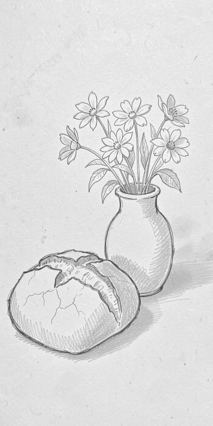 An appetizing still life of a rustic loaf of freshly baked bread beside fresh flowers in a vase, with a warm, inviting glow.