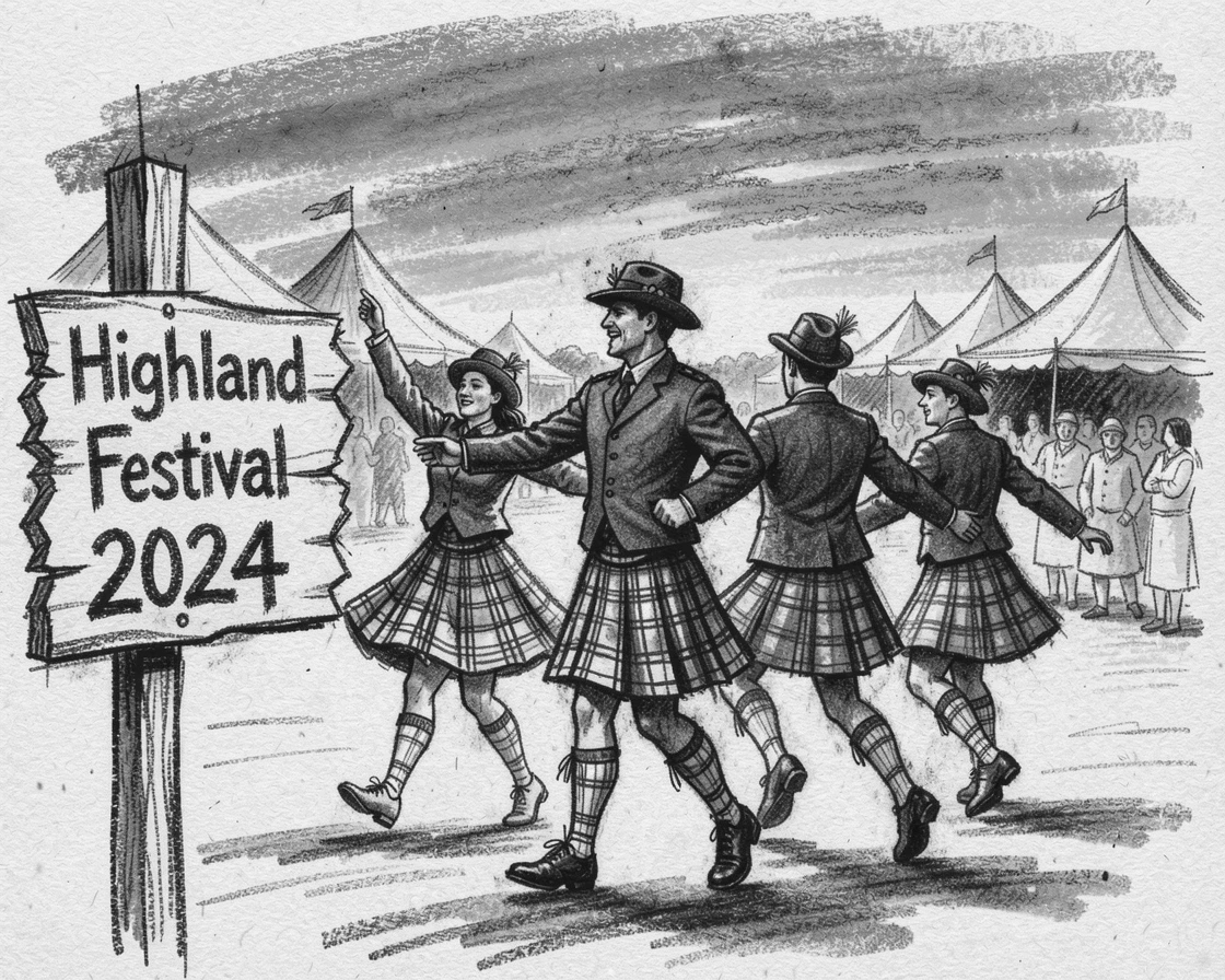 Highland dancers performing at a Scottish festival, beneath a sky streaked with sunset colors.